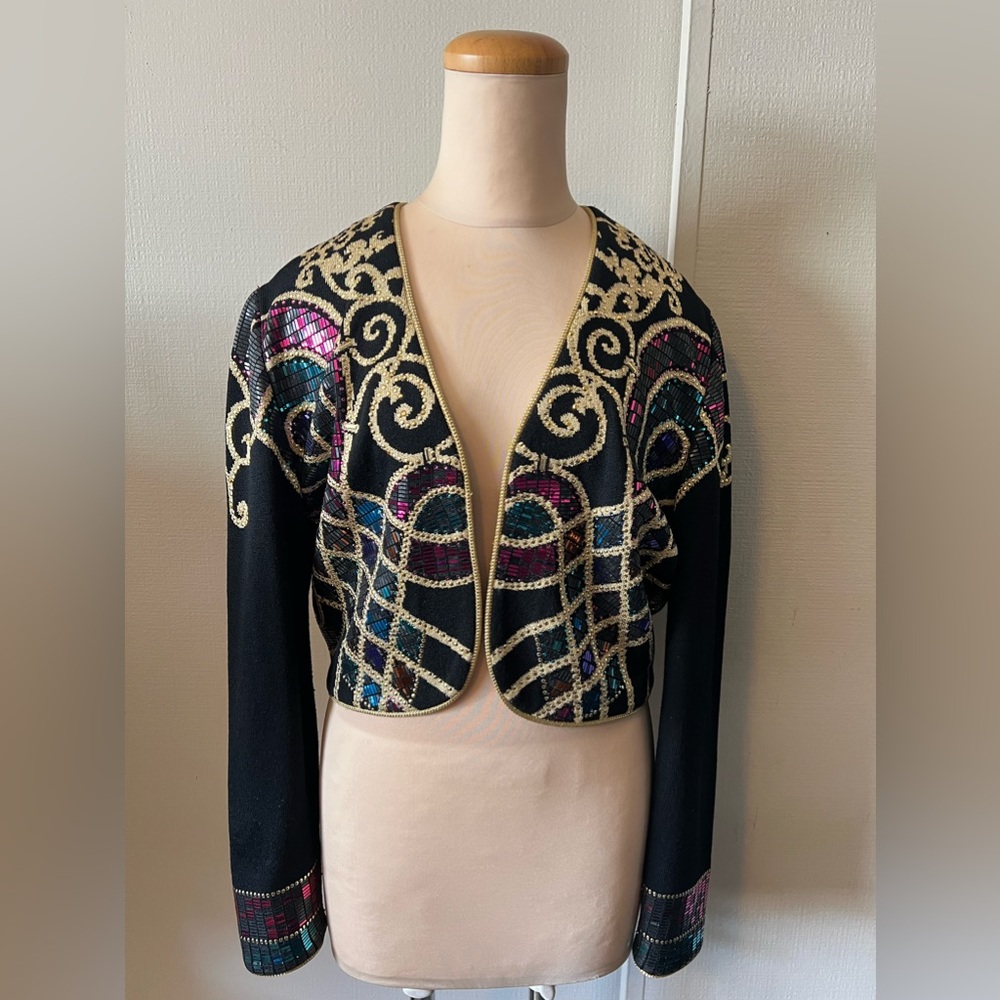 St. John by Marie Gray Evenings Black Jacket Sz. 4 Gold Tassels/ Sequined